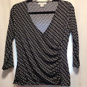 Women's Liz Claiborne Size S Black Blouse w/White and Tan Polka Dot 3/4 Sleeve